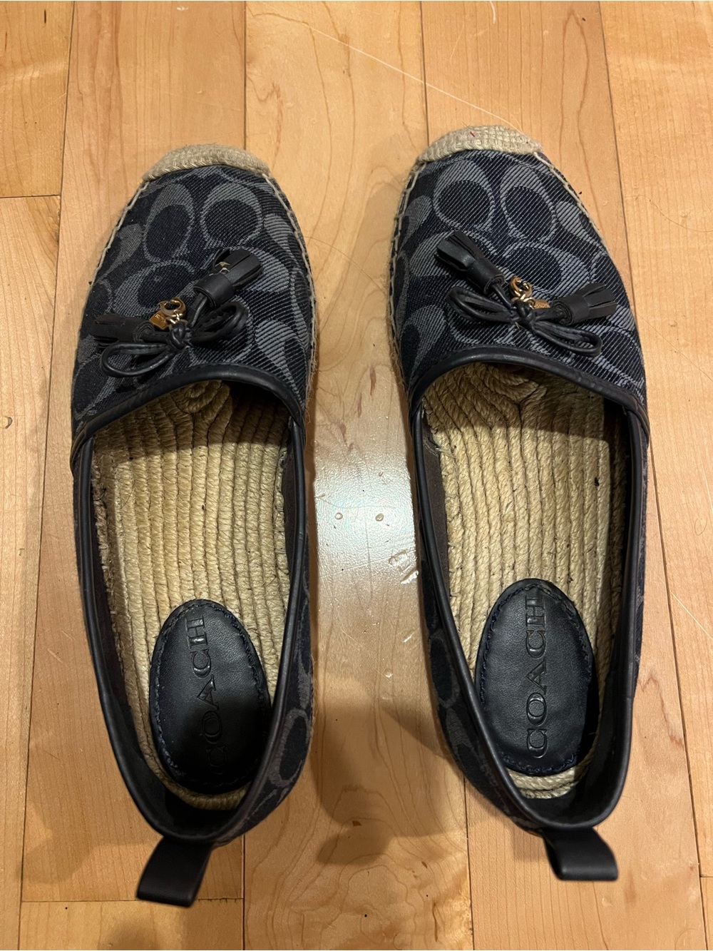 Coach Black Signature Canvas Espadrille Flats with Tassel Detail